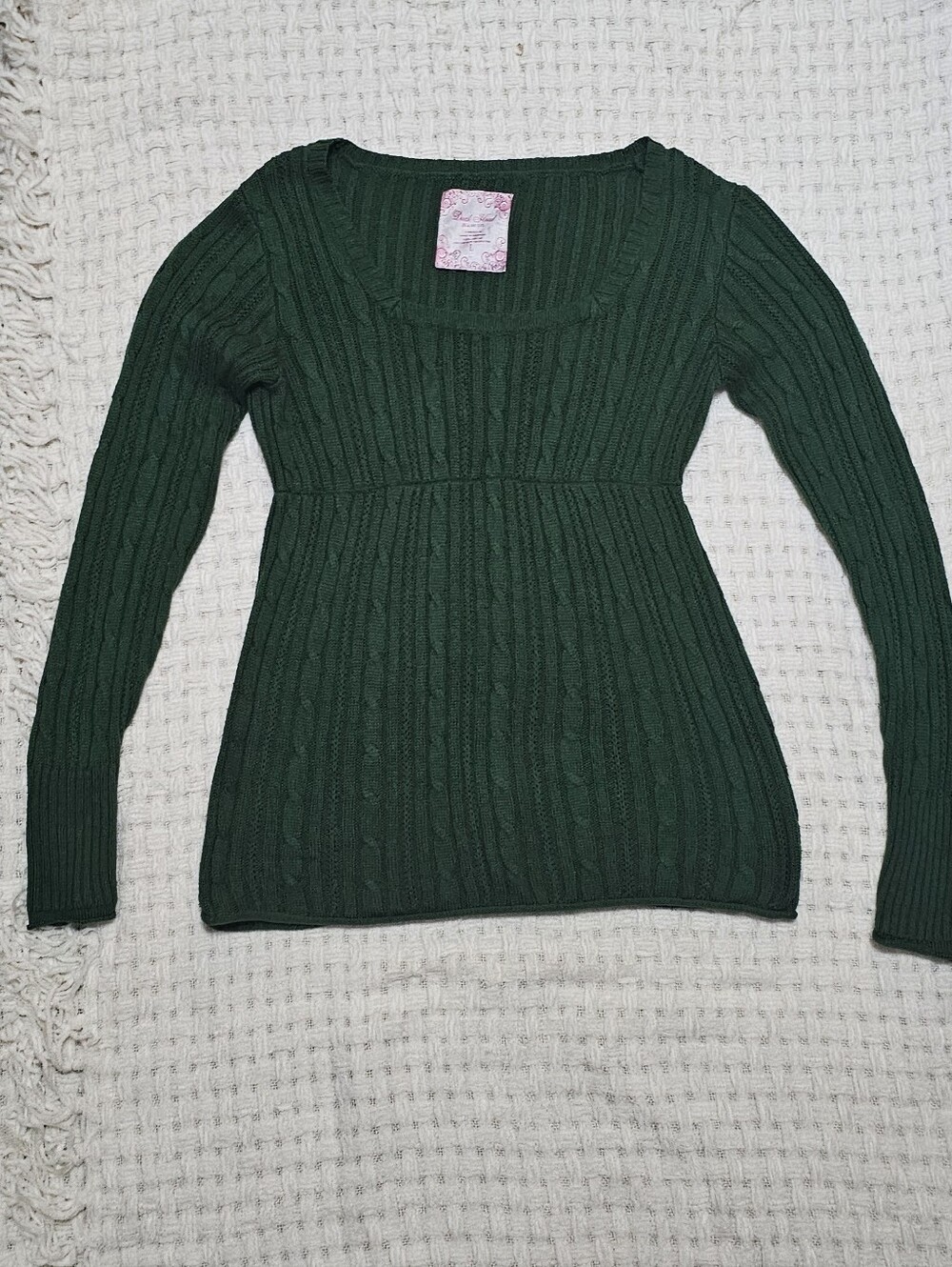 Duck Head Bella Swan Dark Green Cable Knit Scoop Neck Babydoll Sweater Sz Lg